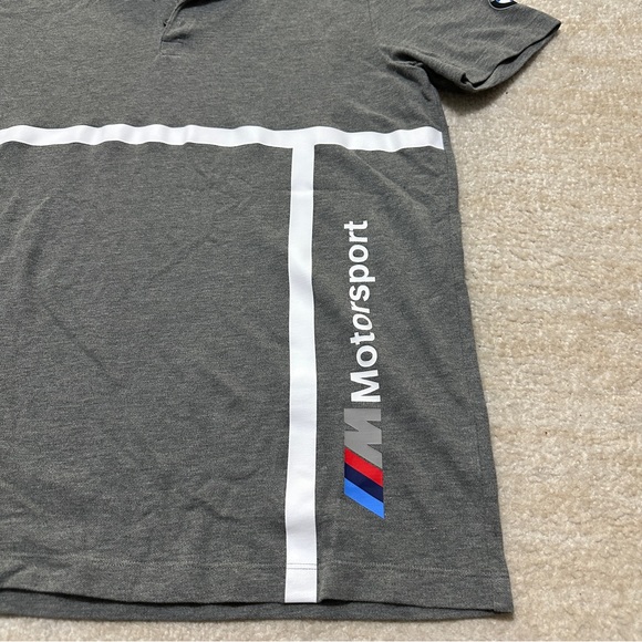 Puma Men's Large BMW Motorsports Gray Knit Polo Shirt White Stripe Racing - Picture 2 of 6